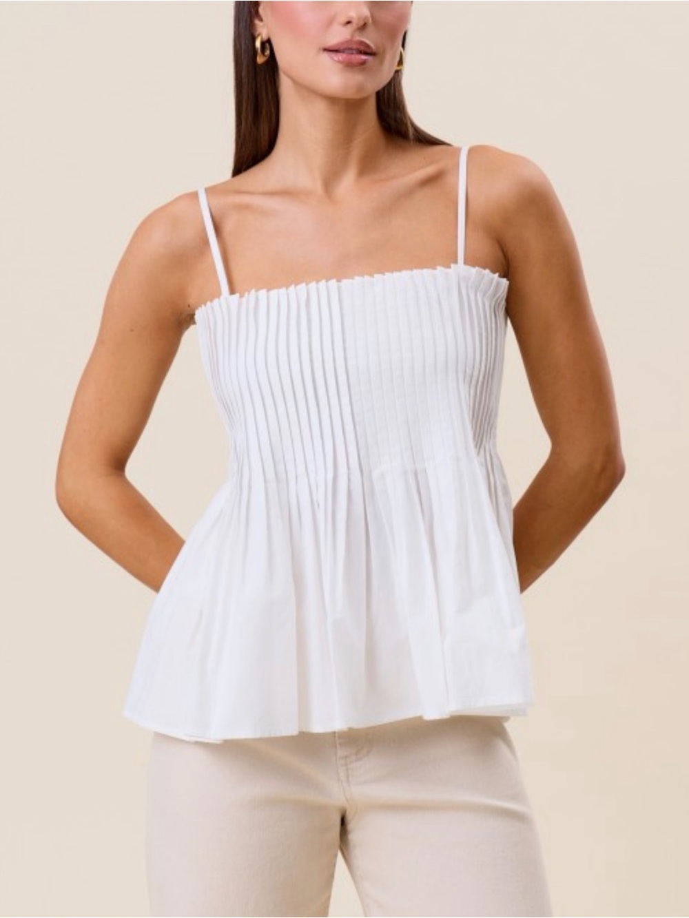 White Pleated Smocked Spaghetti Strap Top
